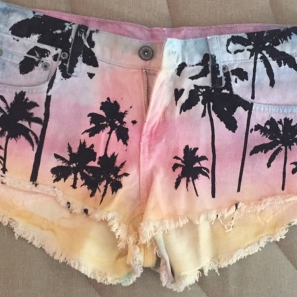 Carmar Pink and Yellow Jean Shorts with Tropical Design